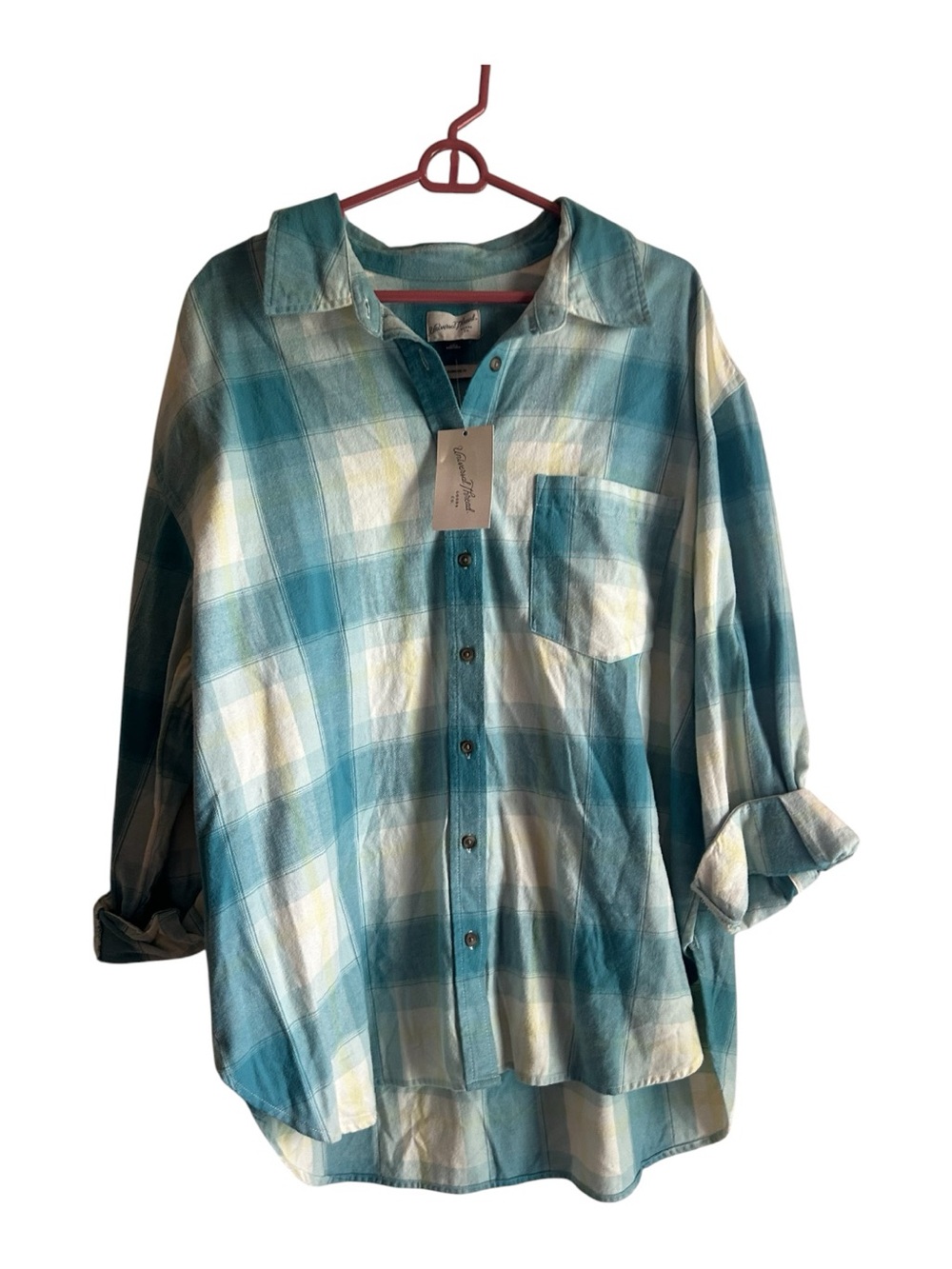 Universal Thread Size XXL Teal and White Plaid Button-Down Shirt